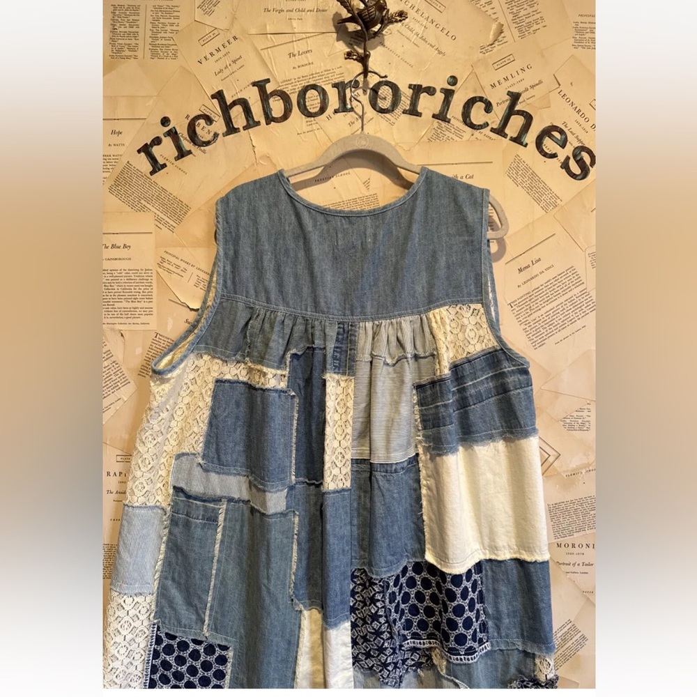 Free People Perfect Patchwork Denim Tunic Dress Distressed Lace Piecing Blue - Picture 5 of 5